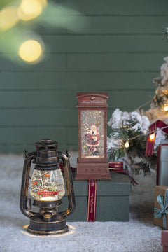 Christmas Lighted Water Spinning Phone Booth with Santa On Phone - Red & White