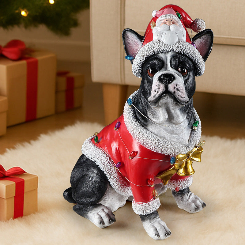 Christmas French Bulldog Statue with Santa Outfit - Holiday Dog Figurine