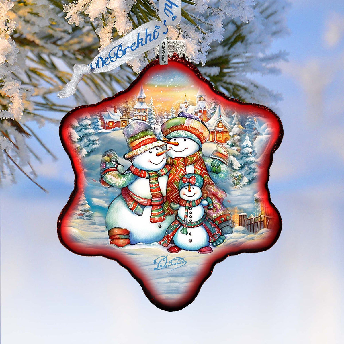 Cheerful Snowmen Snowflake Glass Ornament by G. Debrekht - Christmas Santa Snowman Decor - 754-046