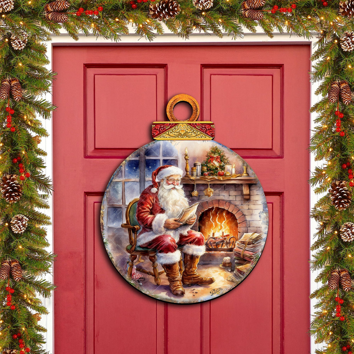 Santa at the Fireplace Wreath Holiday Door Decor by G. Debrekht - Christmas Santa Snowman Decor - 8611089-2H