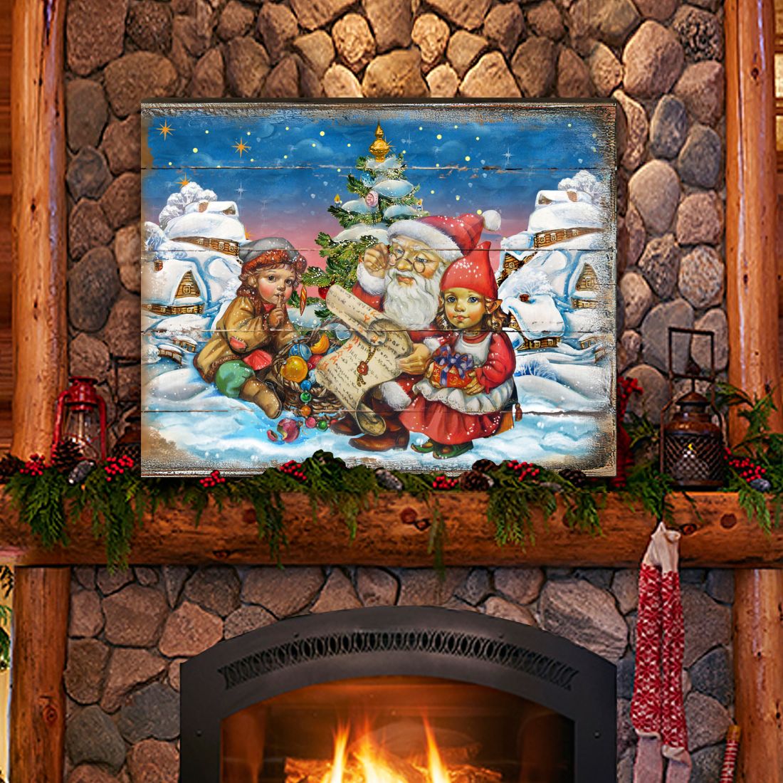 Vintage Christmas Santa Wooden Wall Art by G. DeBrekht - Christmas Santa Snowman Decor - 8173841B