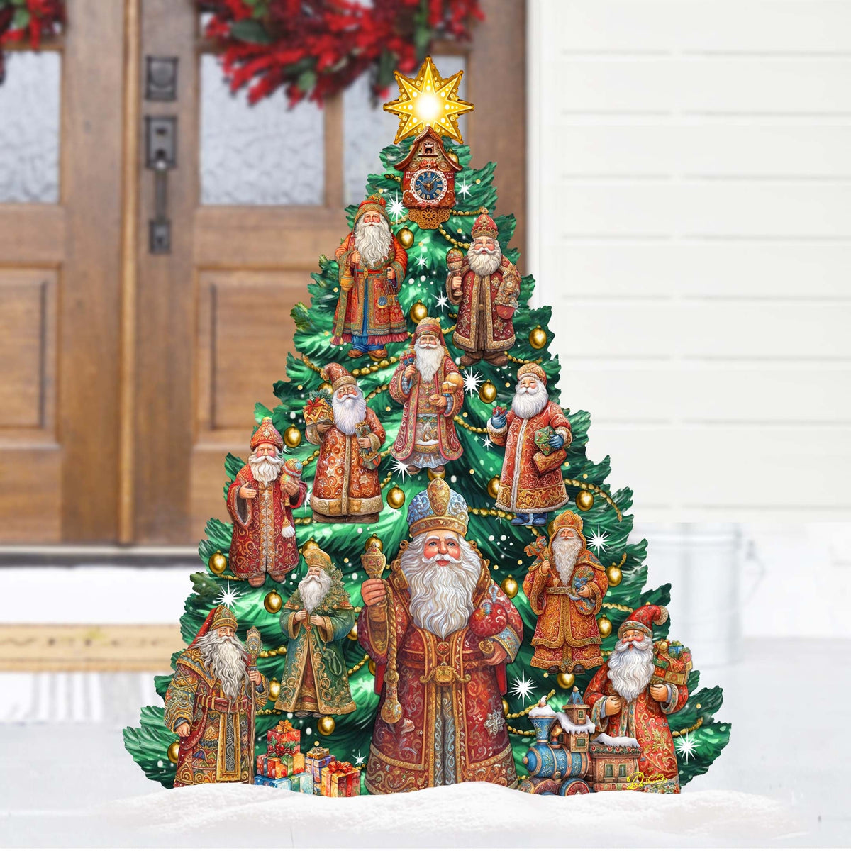 Santa-Themed Christmas Tree Outdoor Indoor Decor Wooden Christmas Decoration by G. Debrekht Christmas Decor