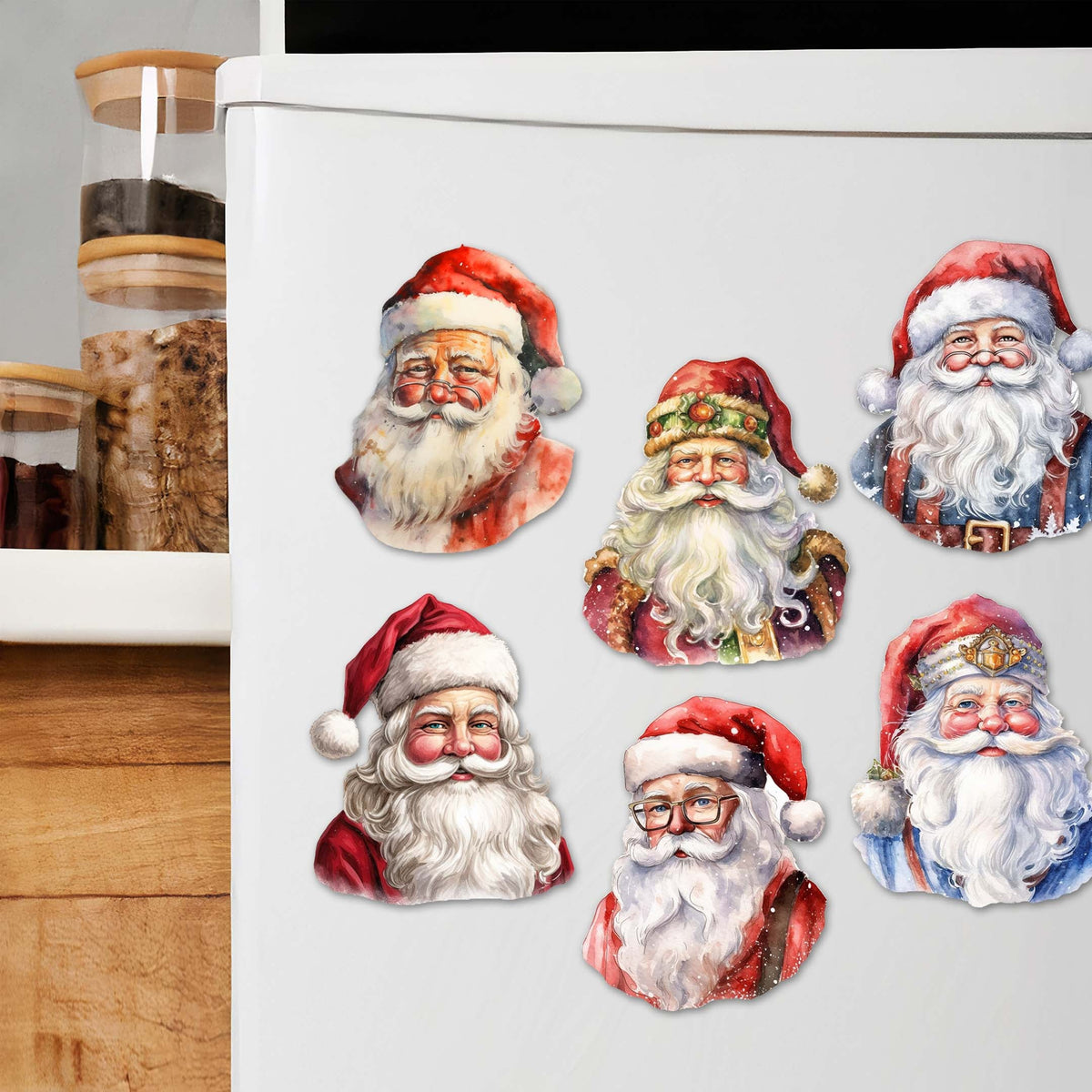 Jolly Santa Faces Decorative Eco Wood Magnets Set of 6 by G. Debrekht - Christmas Santa Snowman Décor - 8090045G-S6
