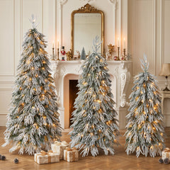 Snowy Cascading Christmas Trees 3-Piece Set with Flocked Hinged Branches - White