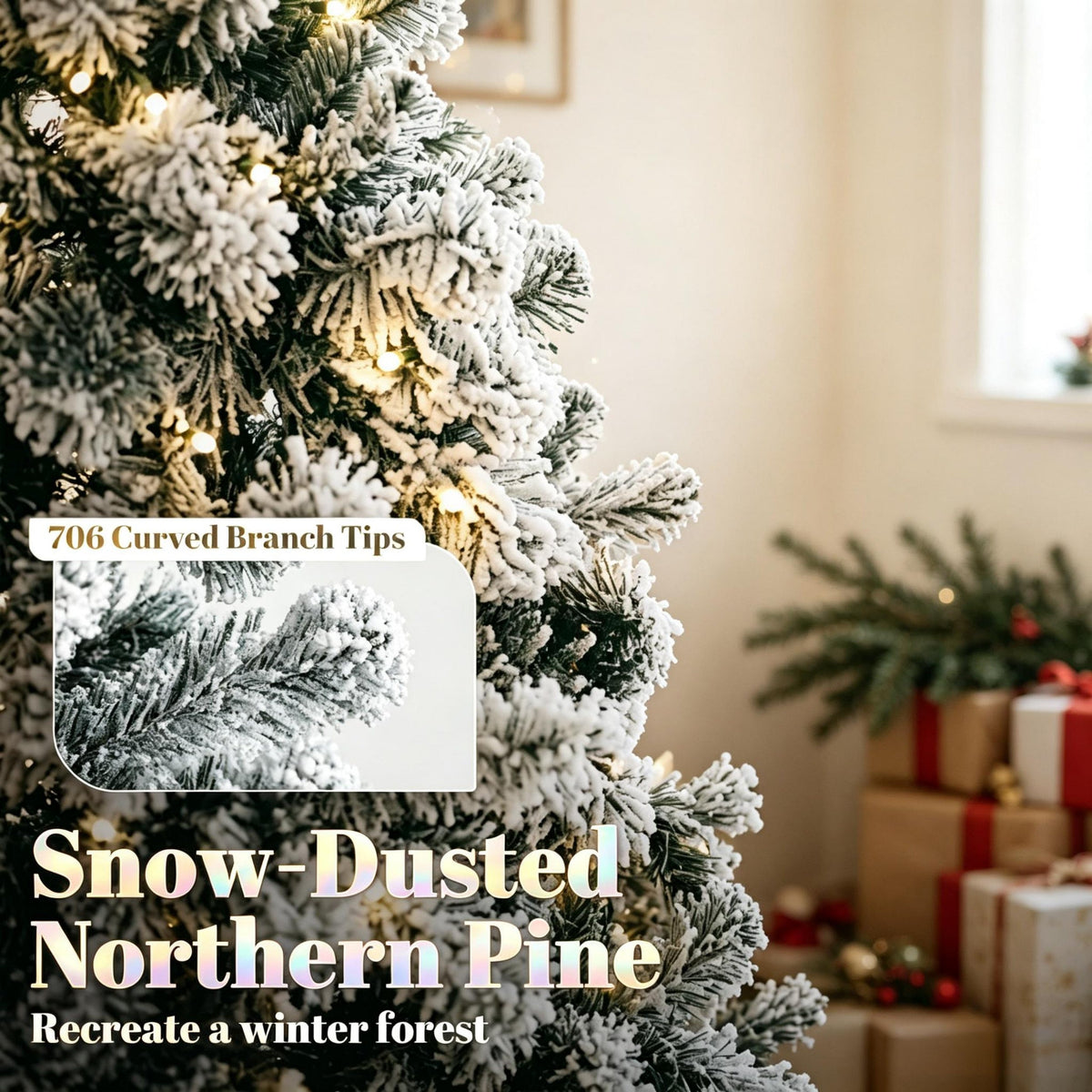 6 ft Pre-Lit Snow-Flocked Northern Pine Christmas Tree