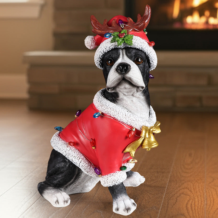 Christmas Boston Terrier Statue with Santa Outfit - Red & White