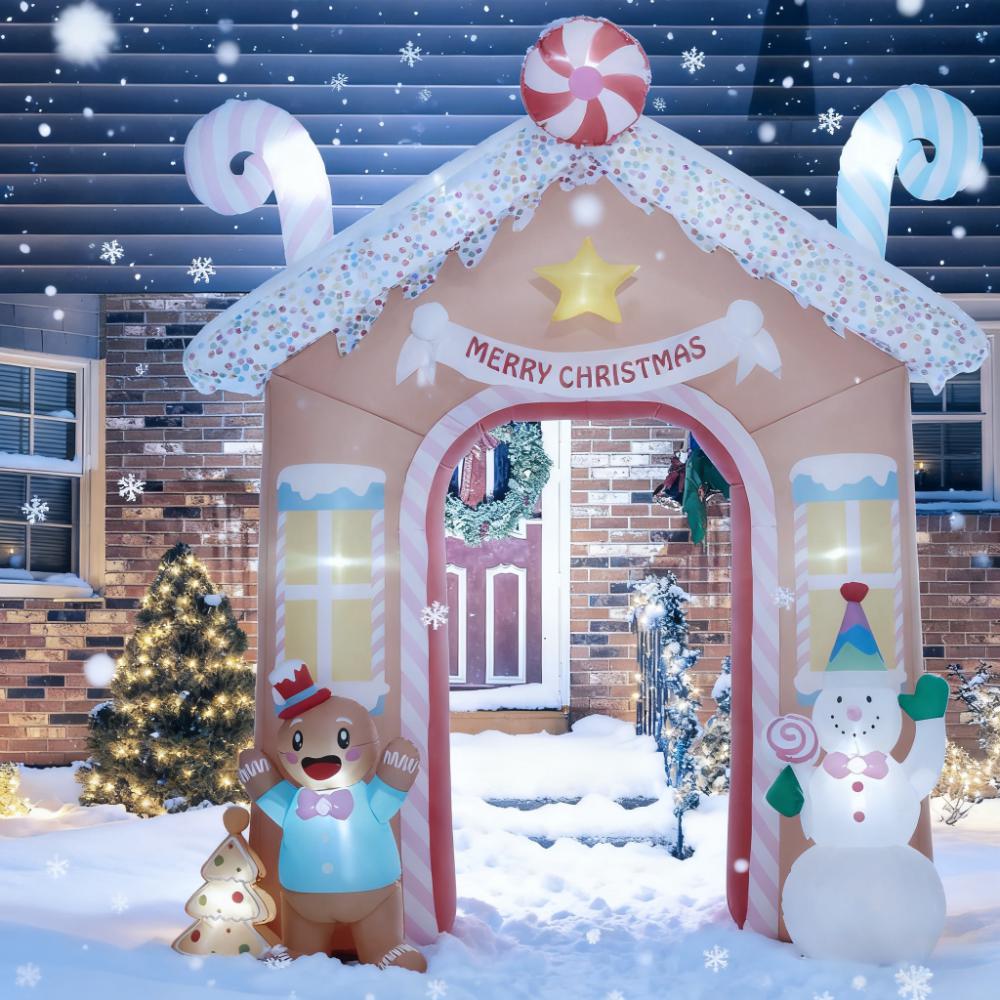 10-Foot Christmas Inflatable Gingerbread House Archway with LED Lights, White