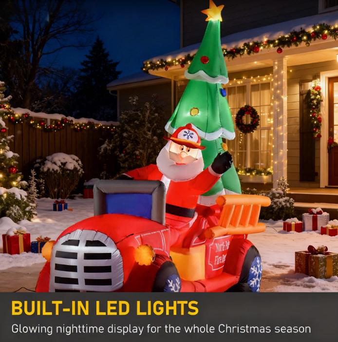 Inflatable Santa Truck with Lit Christmas Tree - Holiday Outdoor Decor
