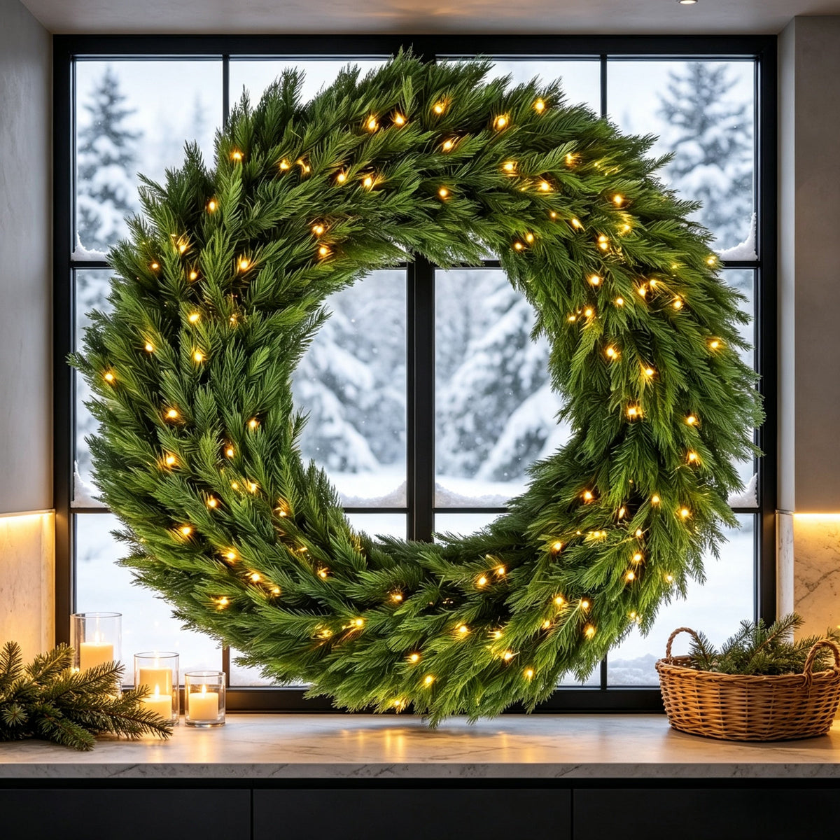 48in Pre-Lit Norwegian Spruce Christmas Wreath with 150 LED Lights - Green