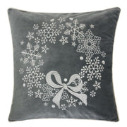 Gray Velvet Holiday Throw Pillow with Snowflake Wreath Embroidery