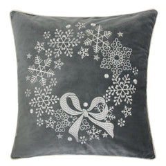 Gray Velvet Holiday Throw Pillow with Snowflake Wreath Embroidery