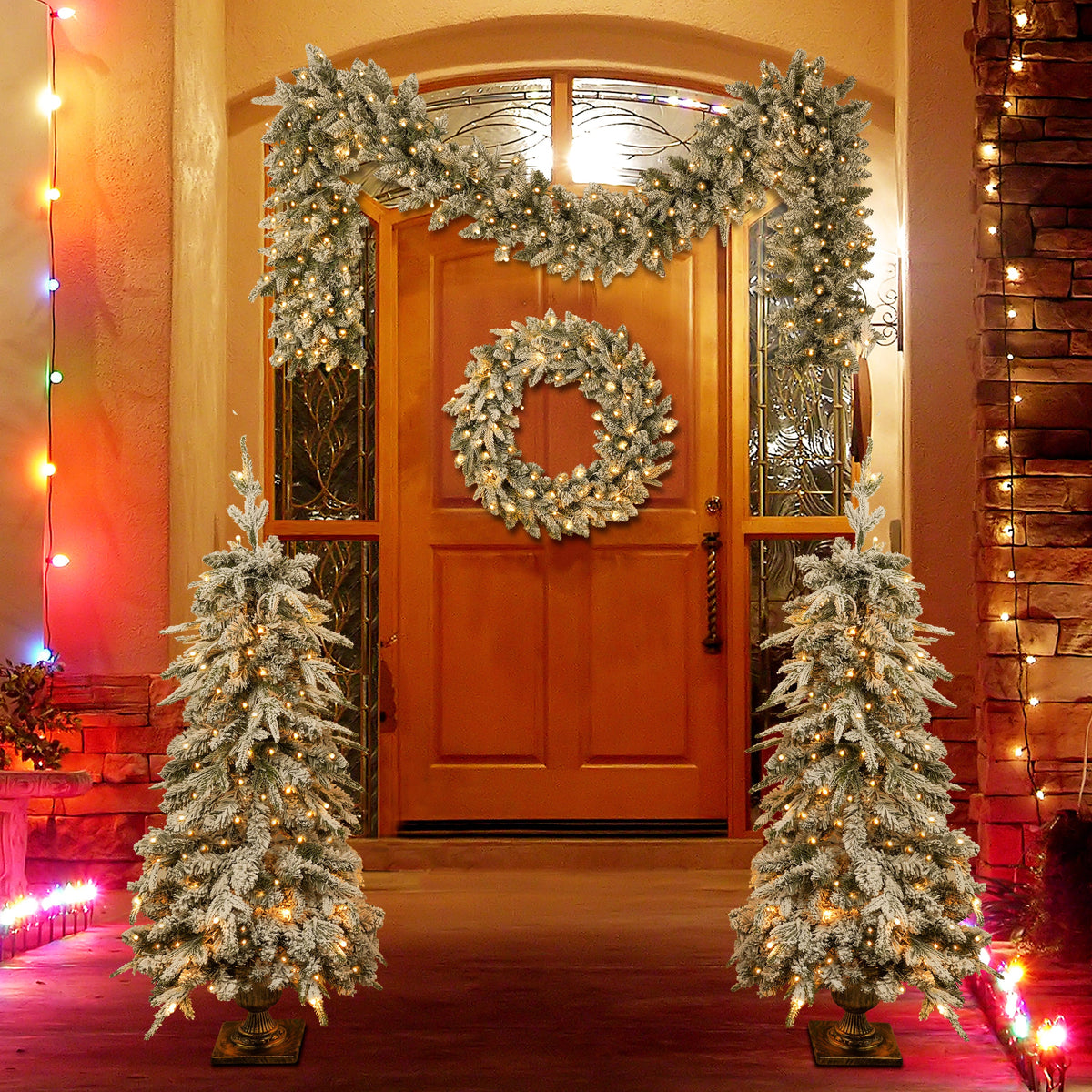 Pre-Lit Artificial Christmas Tree Set with LED Lights - 4-Piece PVC