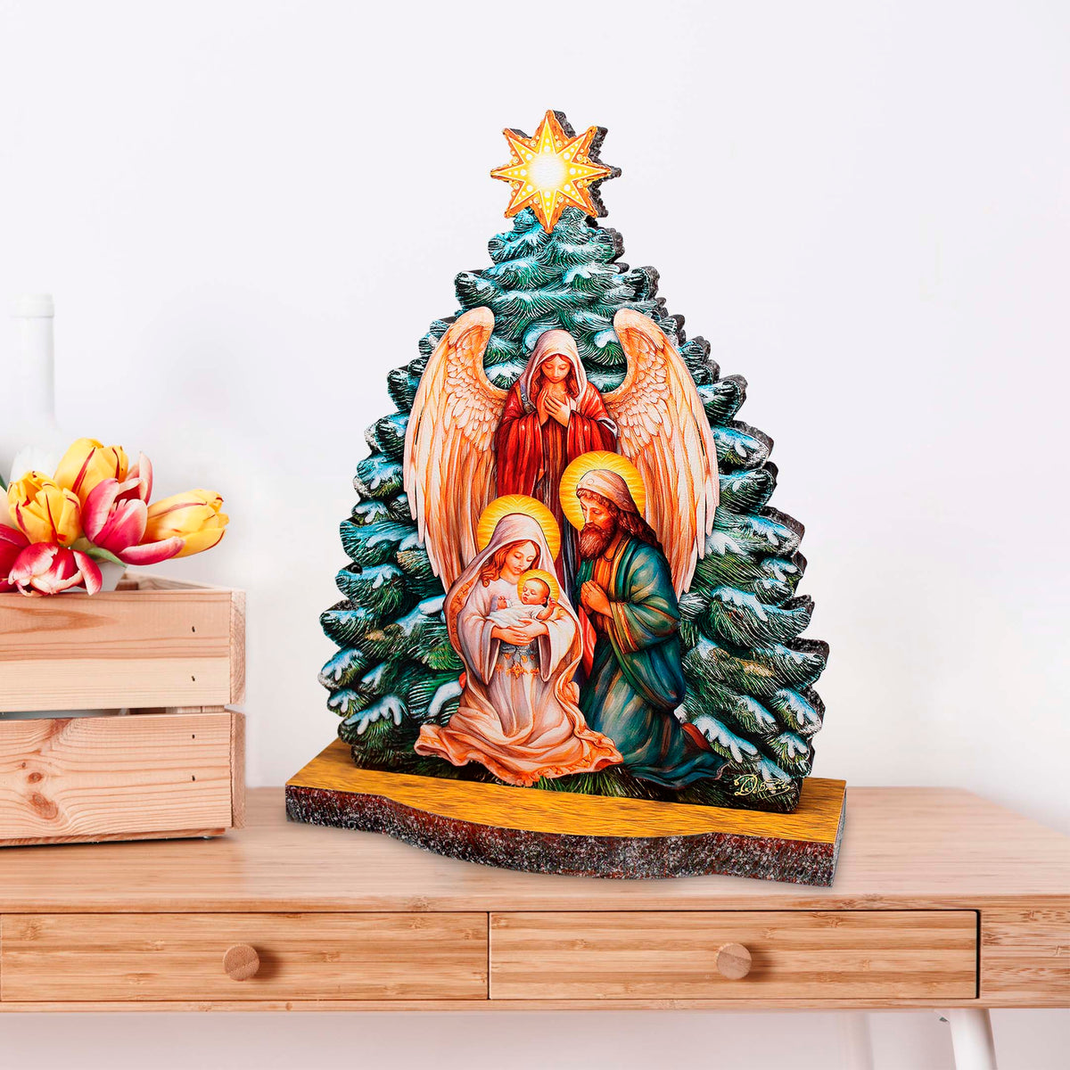 Graceful Angel Nativity Limited Edition Wooden Figurine by G. Debrekht - Centerpiece for Holiday Decor