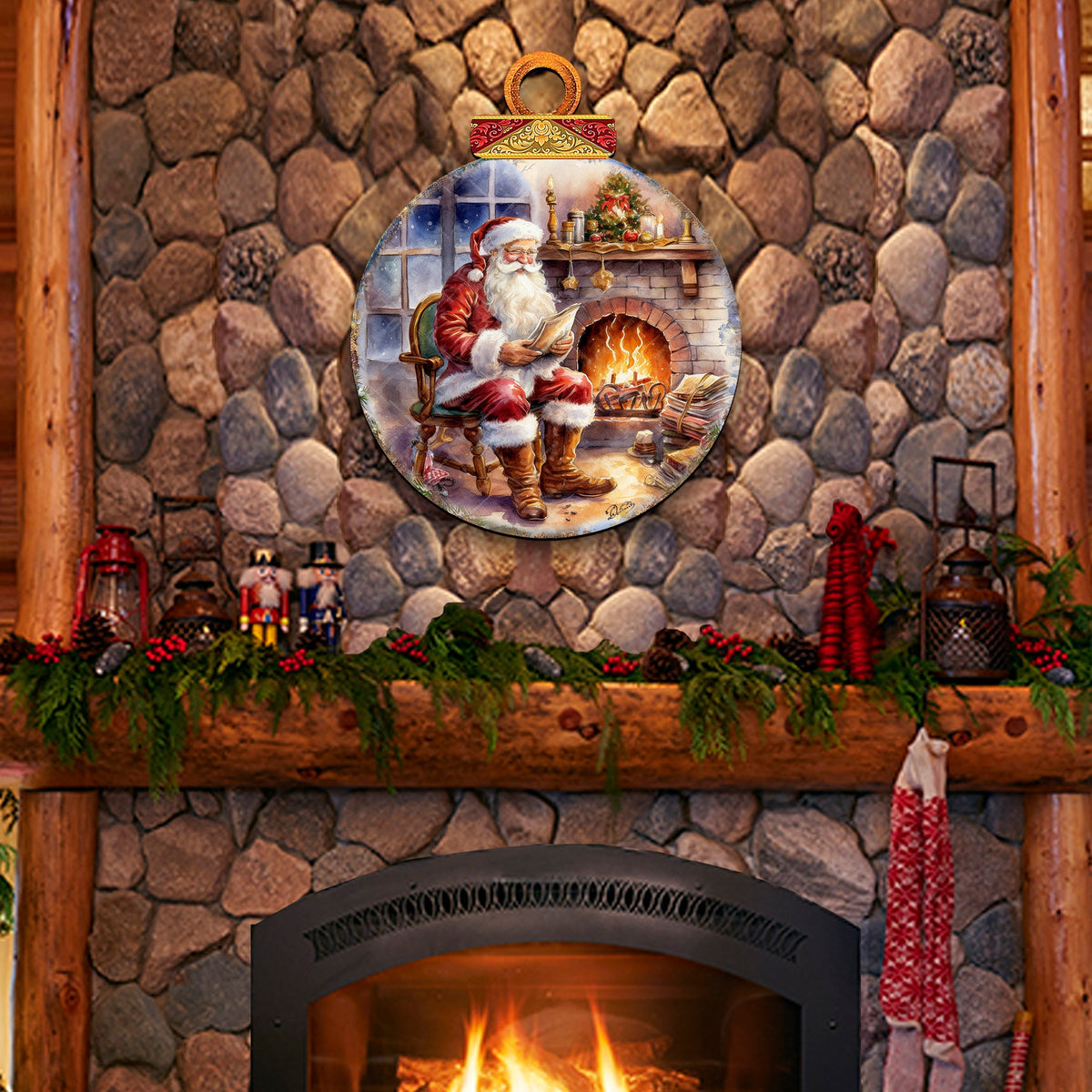 Santa at the Fireplace Wreath Holiday Door Decor by G. Debrekht - Christmas Santa Snowman Decor