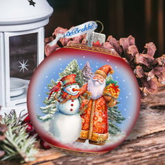 Santas Frosty Friend Lg Glass Ornament by G.Debrekht - Christmas Santa Snowman Decor - 73941
