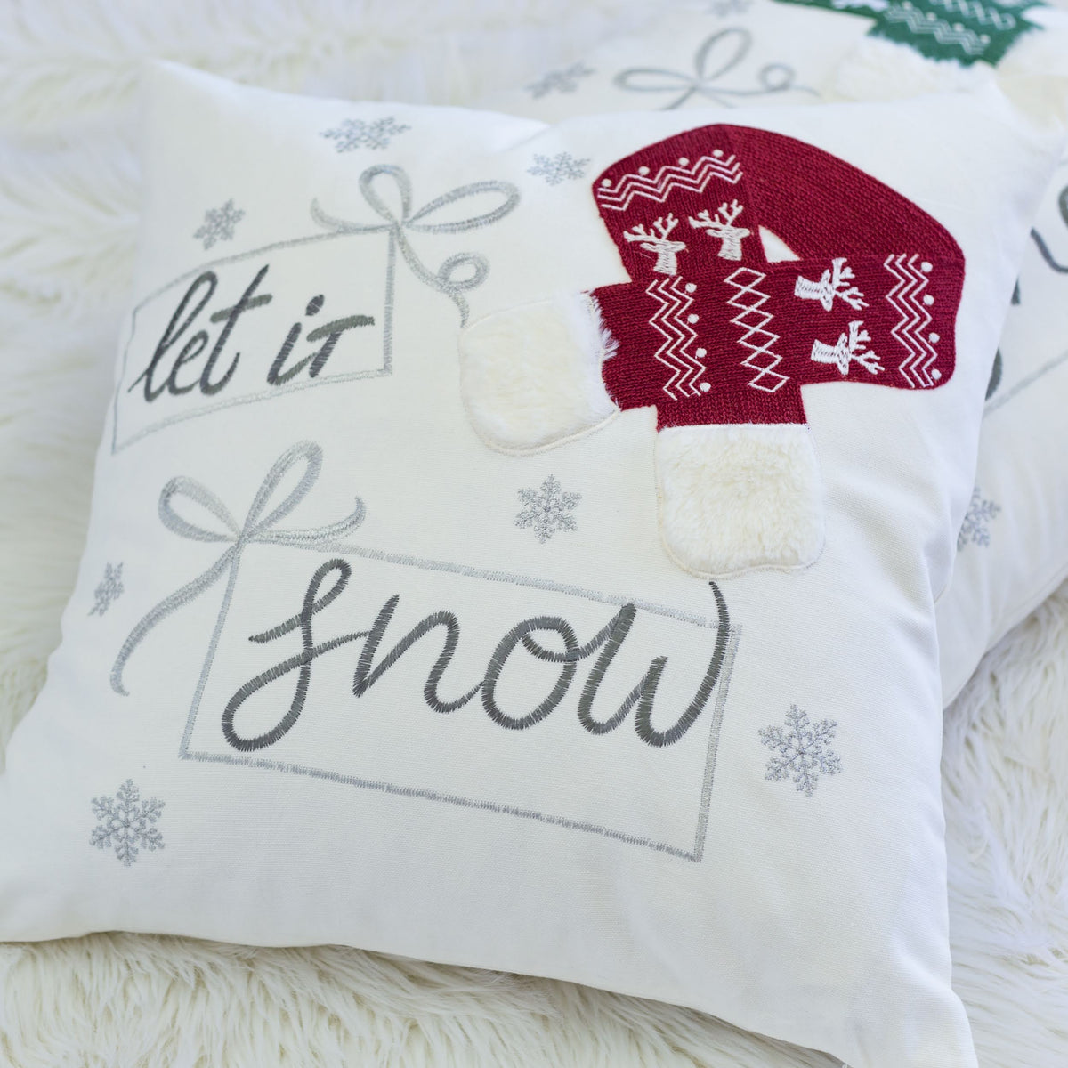 Let It Snow Christmas Throw Pillow with Embroidered Holiday Design - Green or Red