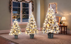 3-Piece Flocked Pre-Lit Christmas Tree Set with Warm White LED Lights - Flocked Finish