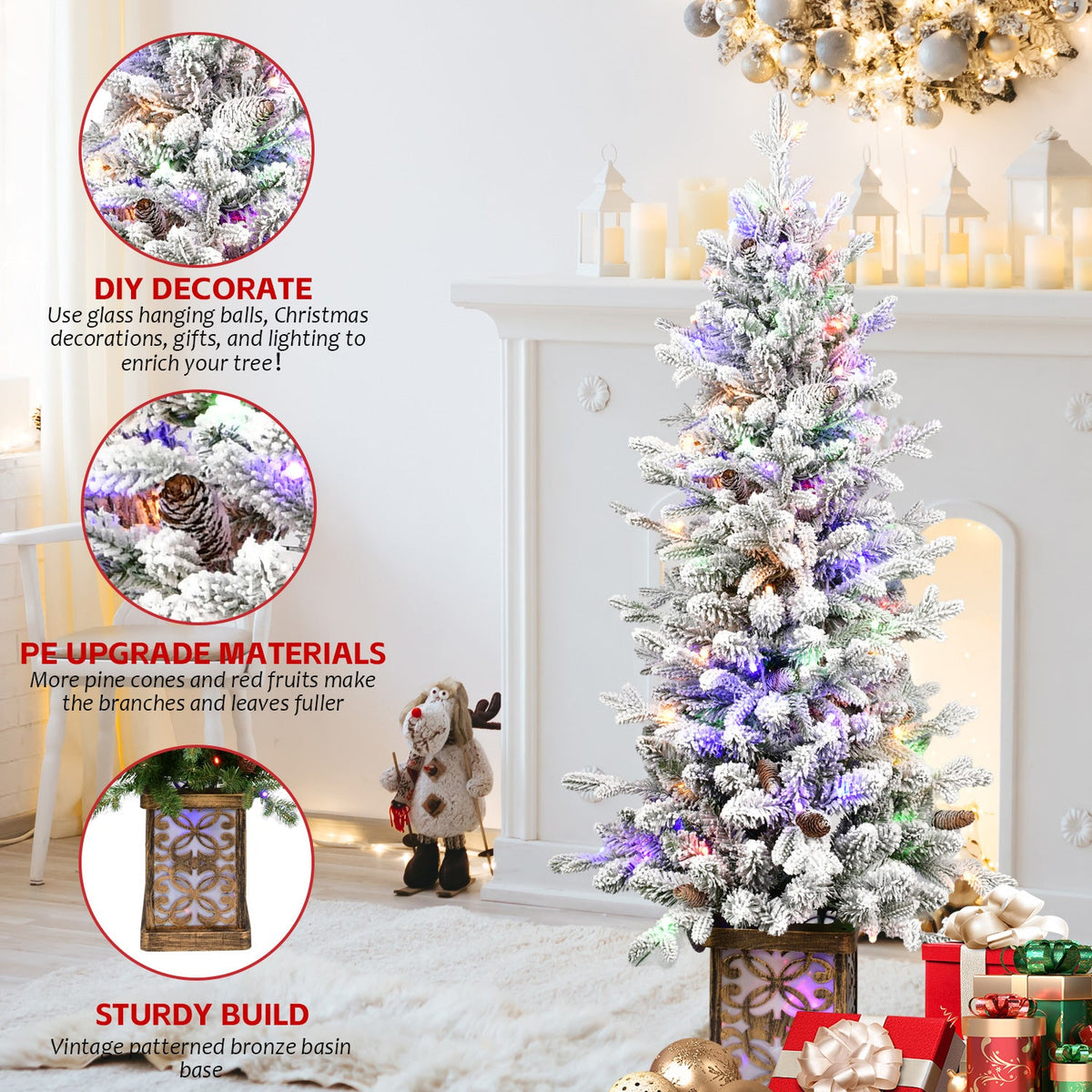 4FT Flocked Christmas Tree with Multicolour LED Lights - Multicolour