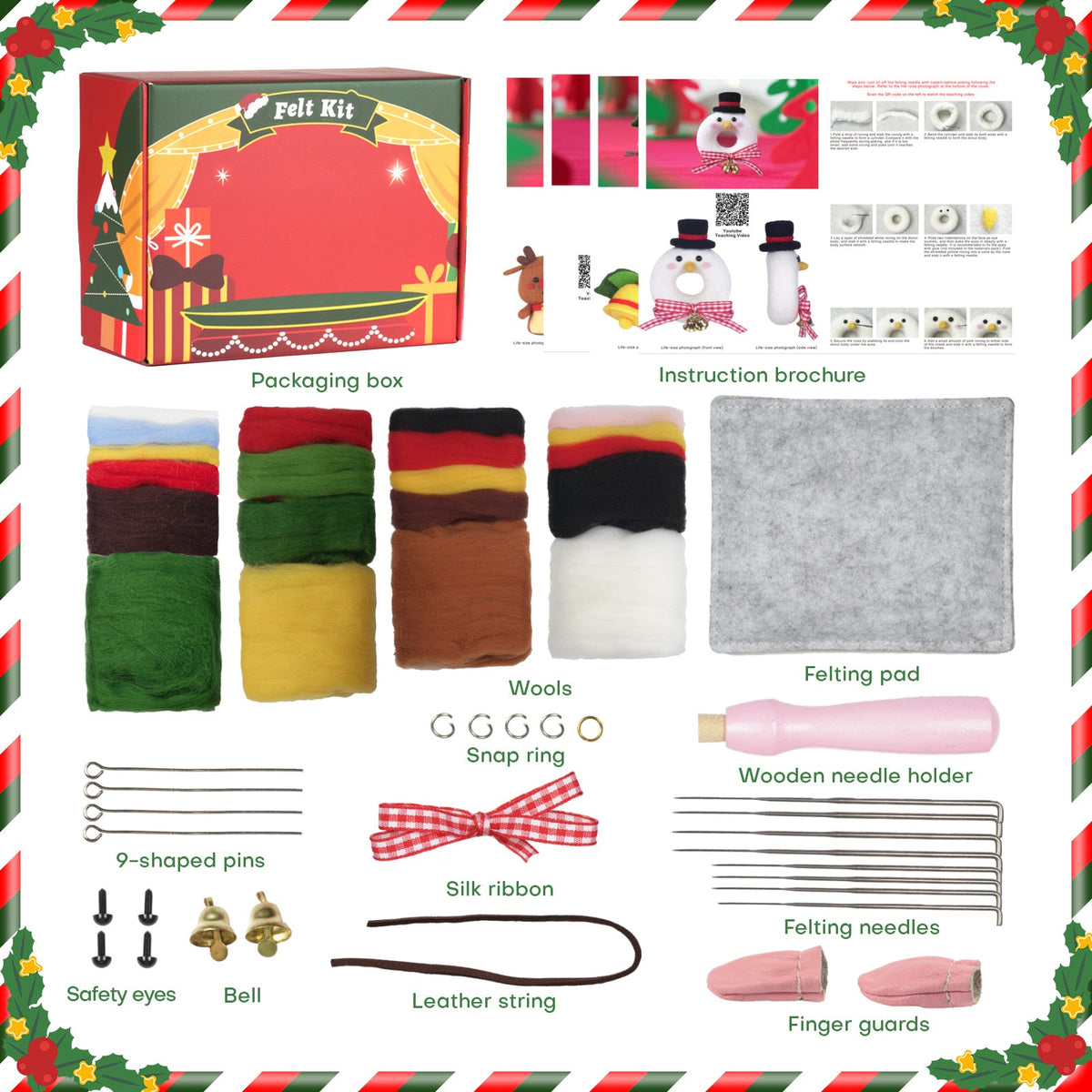 Christmas Tree Bells Reindeer and Snowman Needle Felting Kit by Wizardi F07N8-Z-11