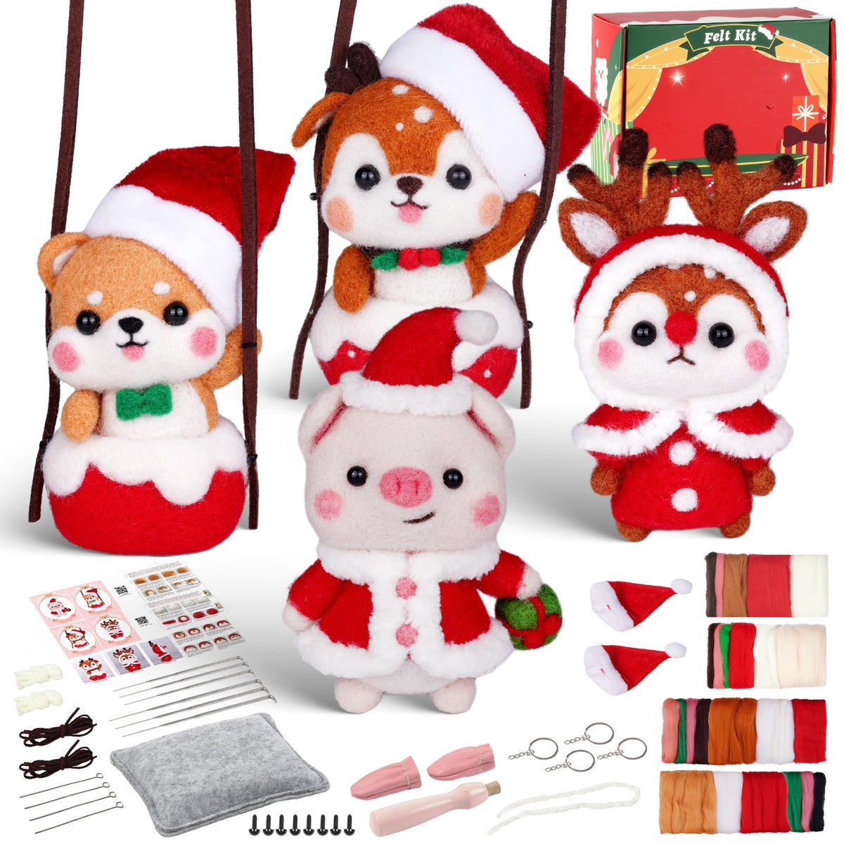 Shiba Inu Fawn Piggy and Reindeer Christmas Needle Felting Kit