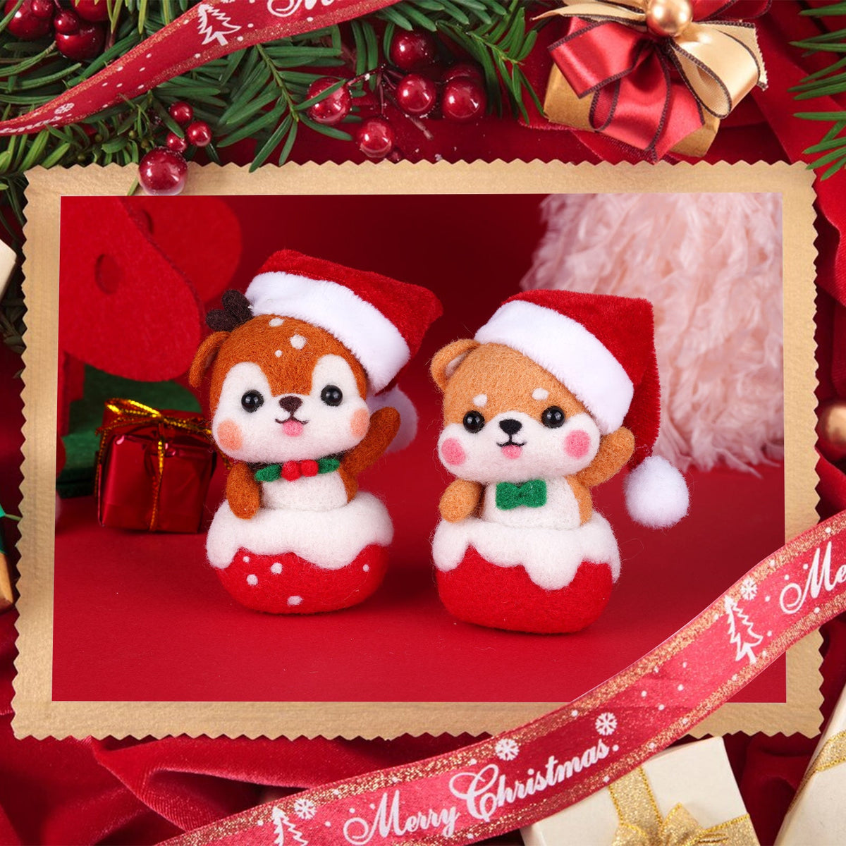 Shiba Inu Fawn Piggy and Reindeer Christmas Needle Felting Kit by Wizardi F07N8-Z-12