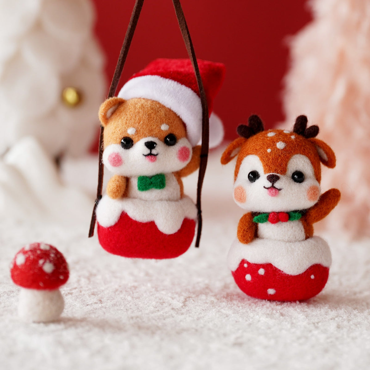 Shiba Inu Fawn Piggy and Reindeer Christmas Needle Felting Kit by Wizardi F07N8-Z-12