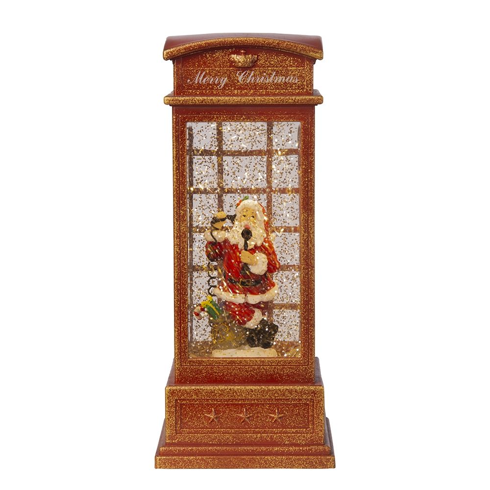Christmas Lighted Water Spinning Phone Booth with Santa On Phone - Red & White