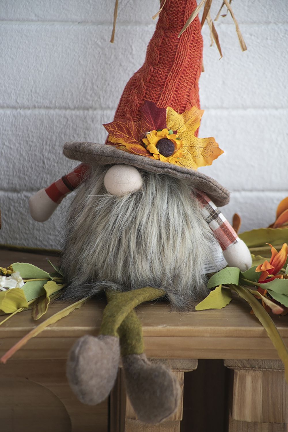 Sitting Gnome With Maple Leaf On Hat, For Holiday Harvest Festival Fall Festival & Thanksgiving Table Decorations (Set of 2) - Orange Multi