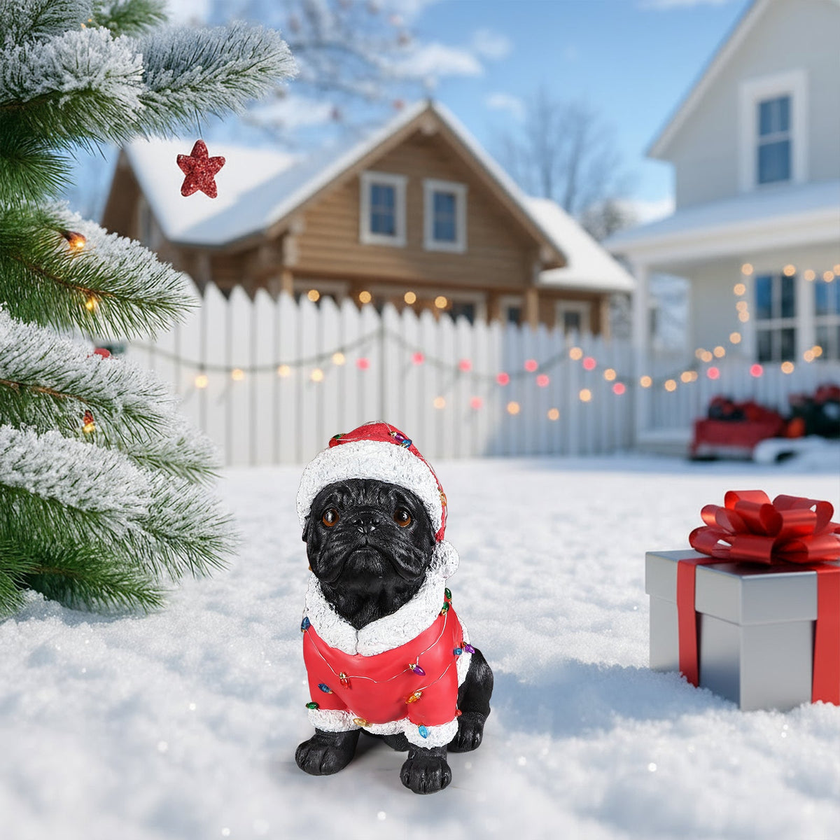 Christmas Pug Statue with Detailed Santa Outfit - Red
