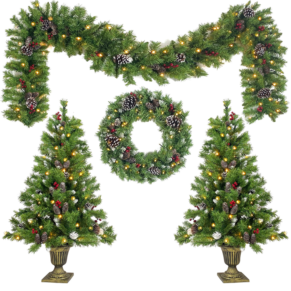 Pre-Lit Christmas Tree 4-Piece Set with LED Lights - Green
