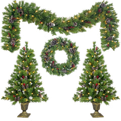 Pre-Lit Christmas Tree 4-Piece Set with LED Lights - Green
