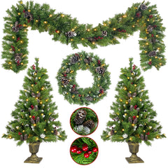 Pre-Lit Christmas Tree 4-Piece Set with LED Lights - Green