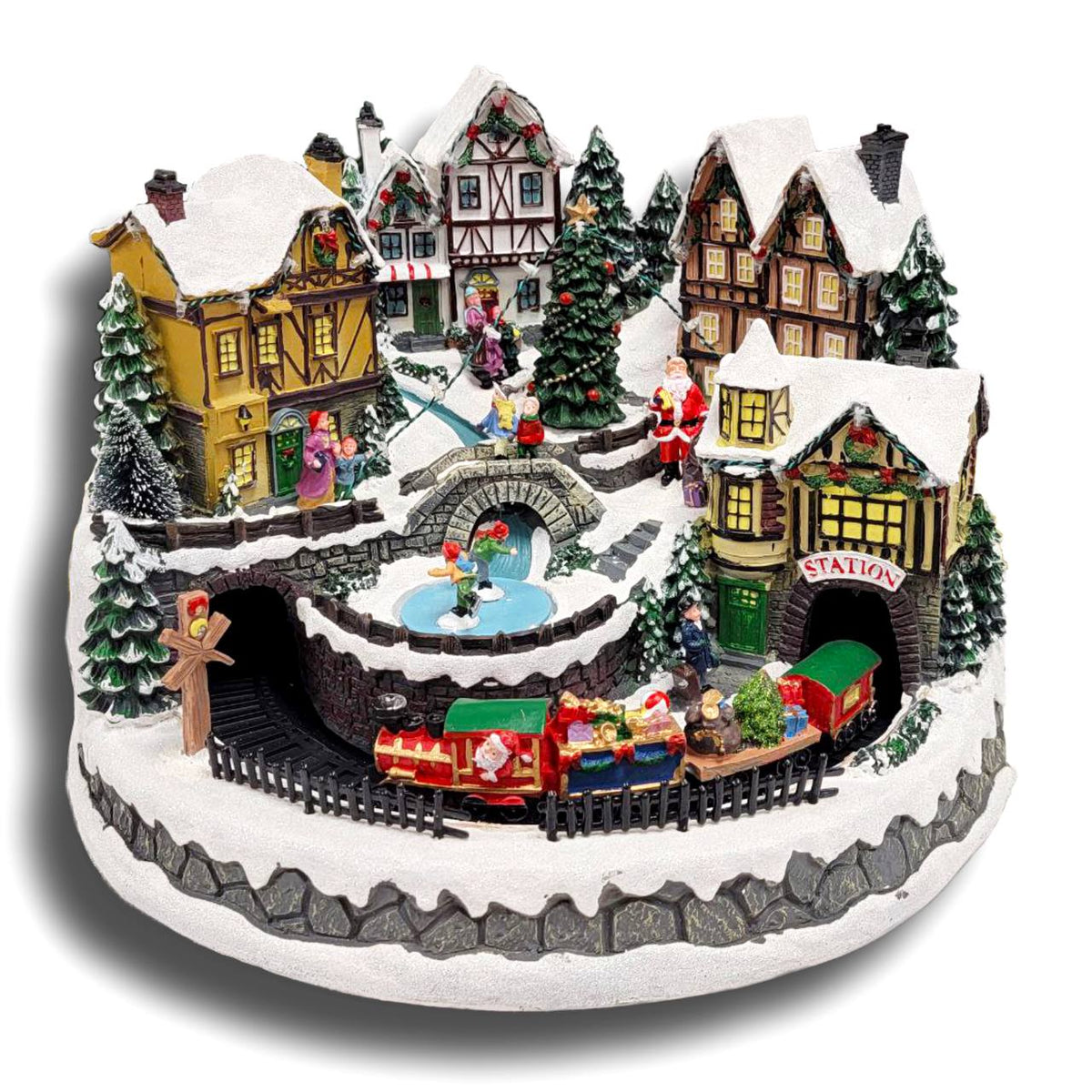 Winter Christmas Village with Train. Christmas Miniature.