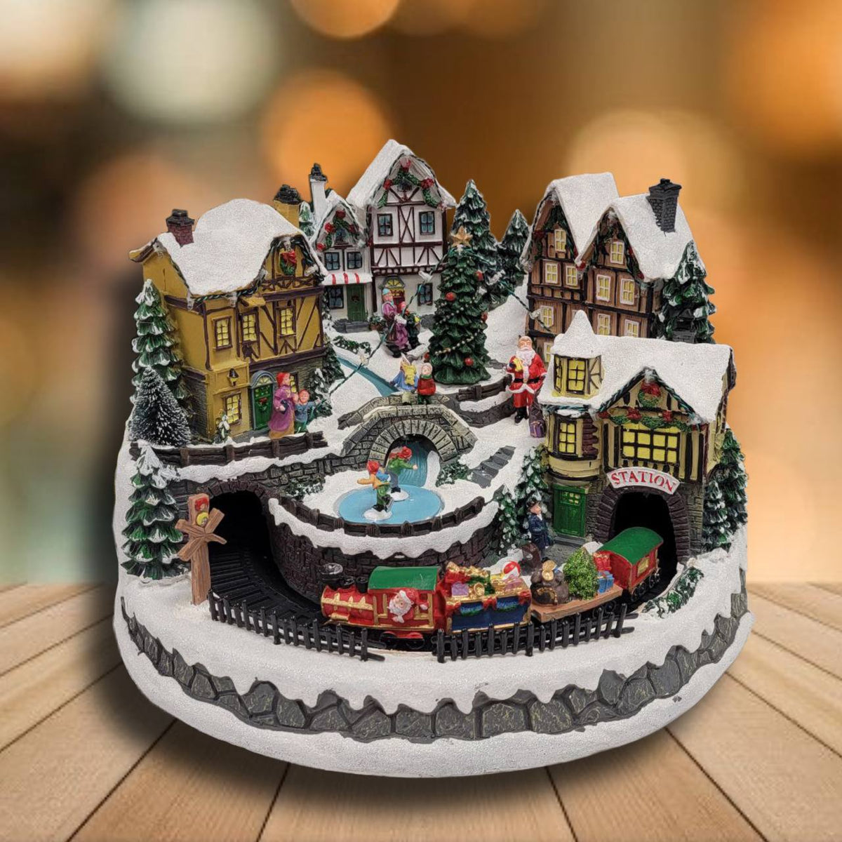 Winter Christmas Village with Train. Christmas Miniature.