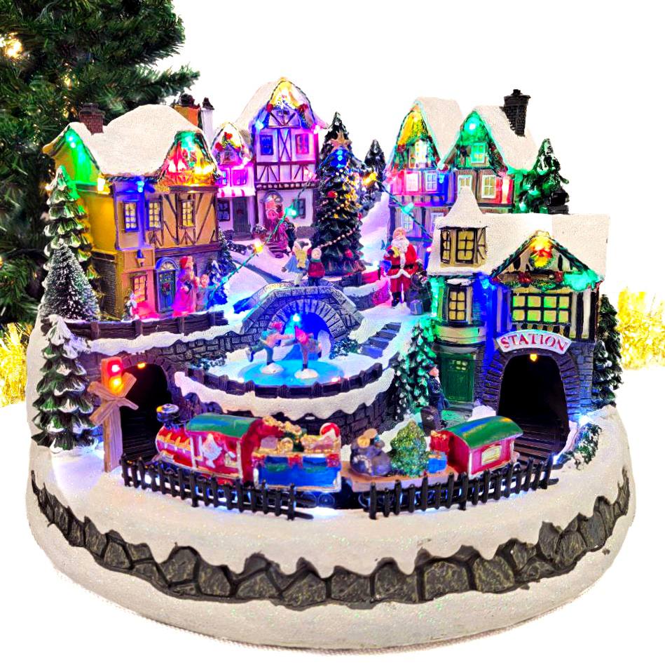 Winter Christmas Village with Train. Christmas Miniature.