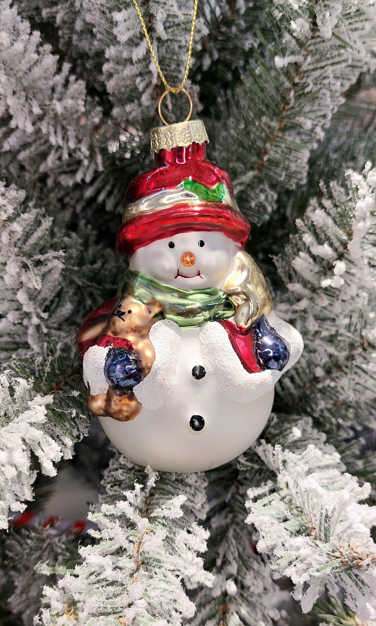 Christmas Glass Ornament - Snowman with Teddy Bear