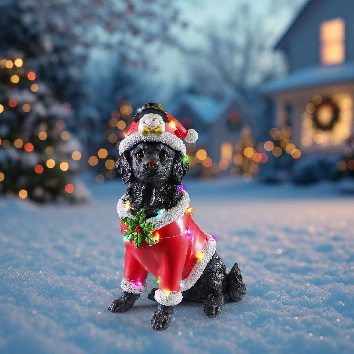 Christmas Dog Statue with Santa Outfit - Black Retriever Holiday Figurine