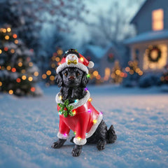 Christmas Dog Statue with Santa Outfit - Black Retriever Holiday Figurine