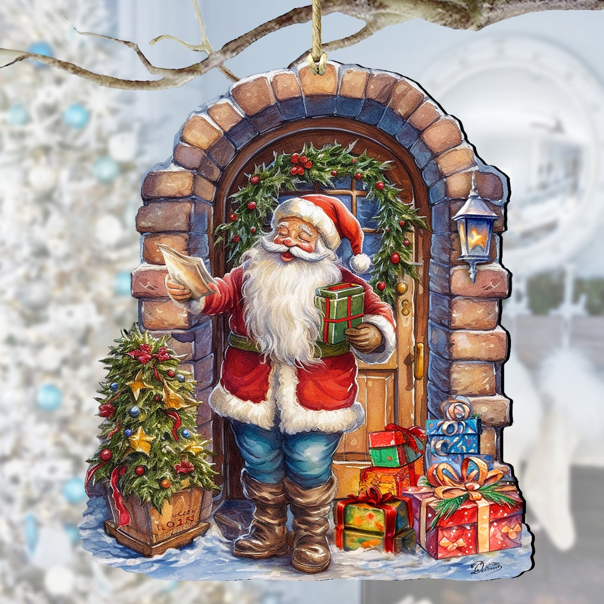 Santa's Surprise Visit Holiday Wooden Ornaments by G. Debrekht Christmas Santa Snowman Decor