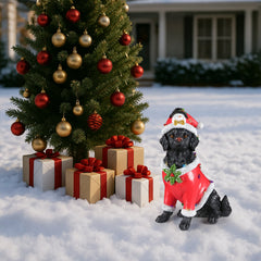 Christmas Dog Statue with Santa Outfit - Black Retriever Holiday Figurine