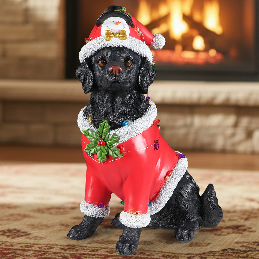 Christmas Dog Statue with Santa Outfit - Black Retriever Holiday Figurine