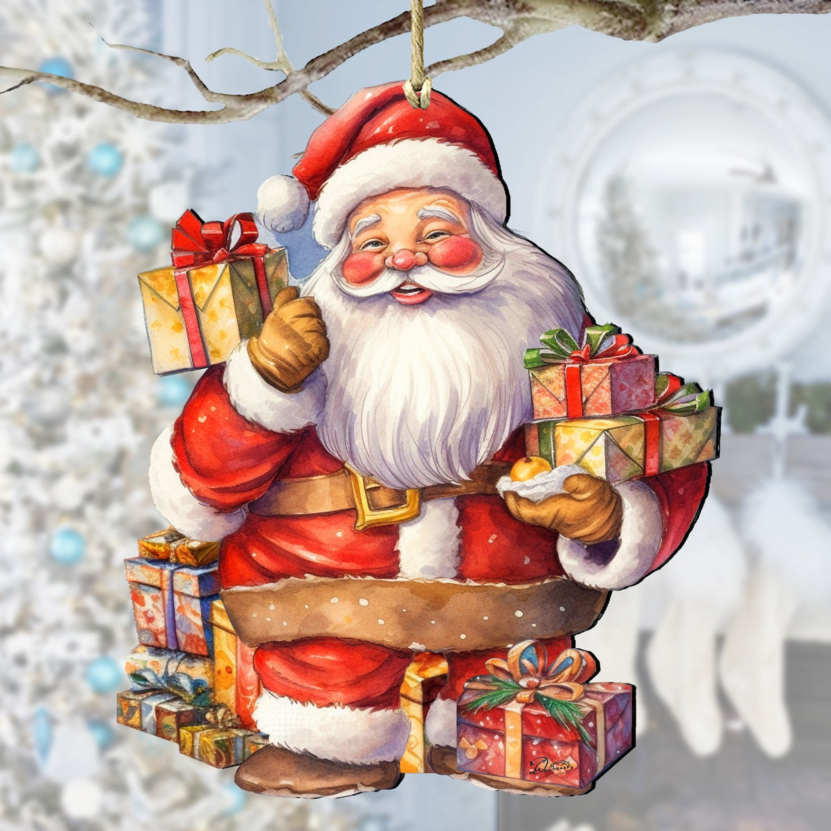 Merry Delivery Santa with Gifts Wooden Ornaments by G. Debrekht Christmas Santa Snowman Decor