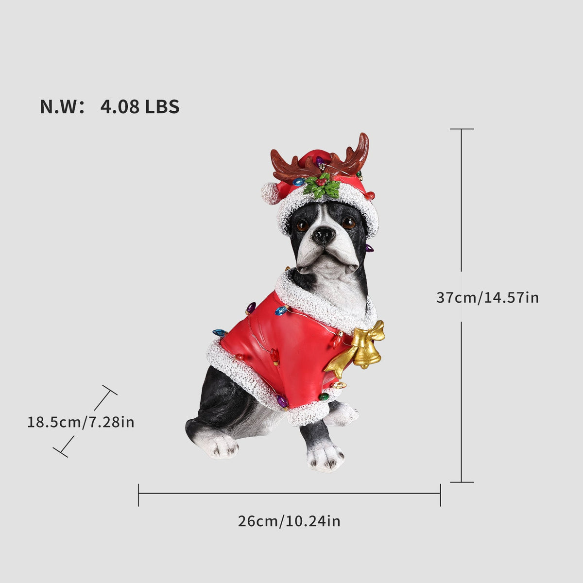 Christmas Boston Terrier Statue with Santa Outfit - Red & White