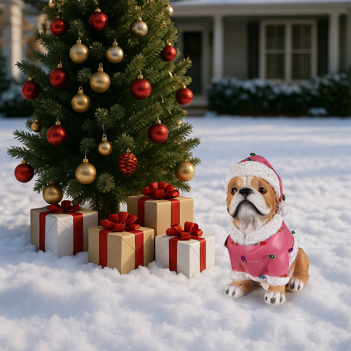 Christmas Pug Statue with Santa Outfit - Holiday Dog Figurine