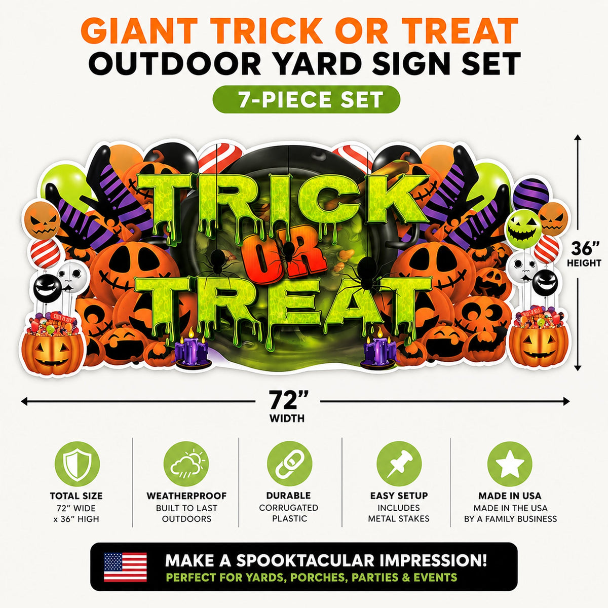 Jumbo Trick Or Treat Halloween Yard Sign Decorations – 7-Piece Outdoor Yard Card Set