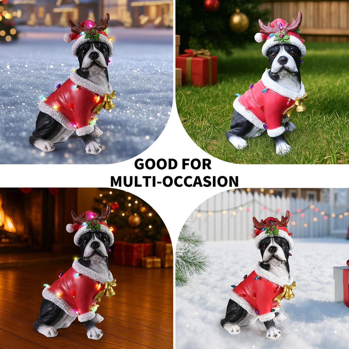 Christmas Boston Terrier Statue with Santa Outfit - Red & White