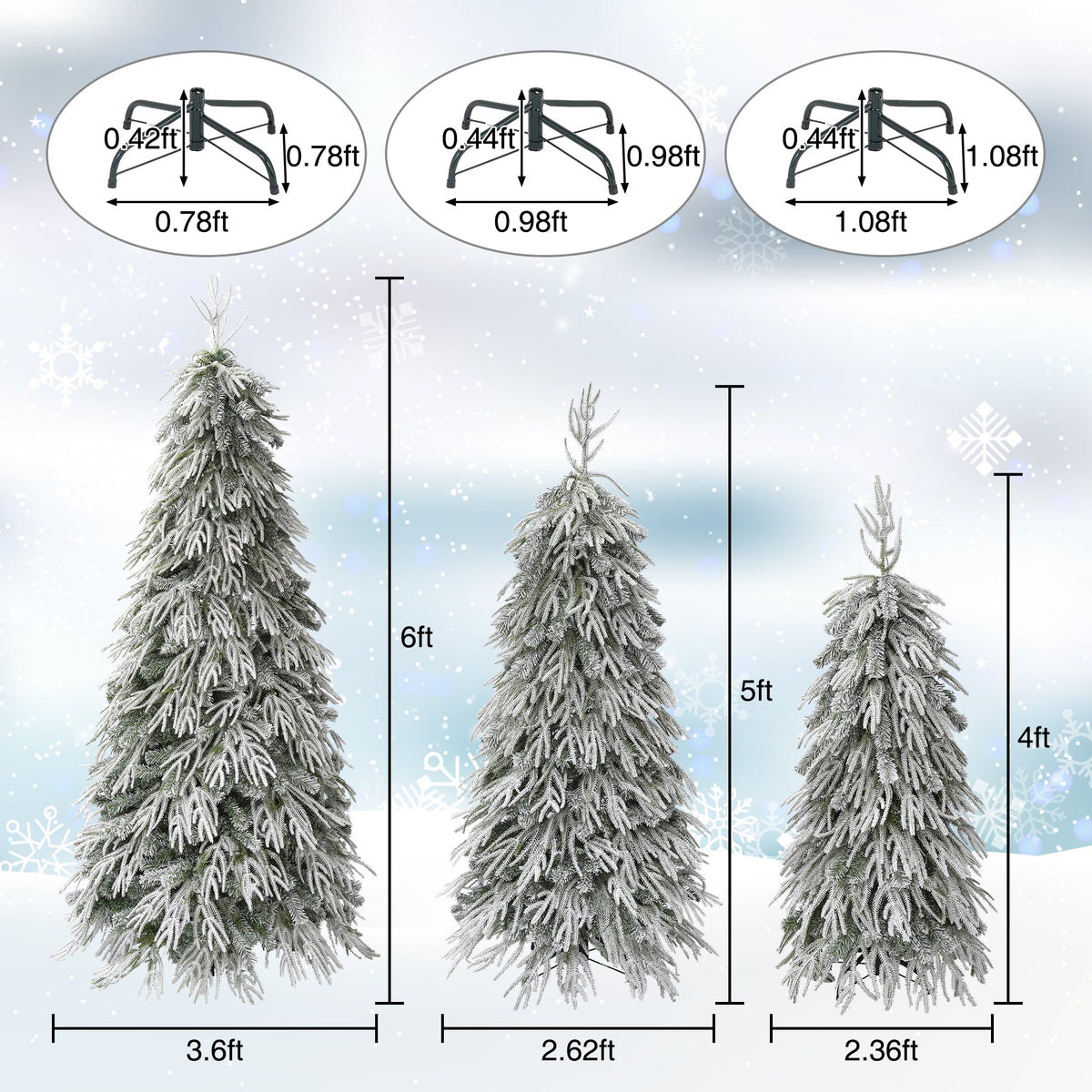 Snowy Cascading Christmas Trees 3-Piece Set with Flocked Hinged Branches - White