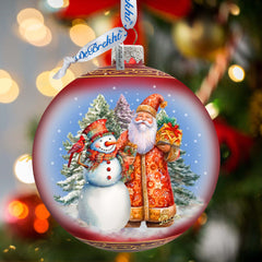Santas Frosty Friend Lg Glass Ornament by G.Debrekht - Christmas Santa Snowman Decor - 73941