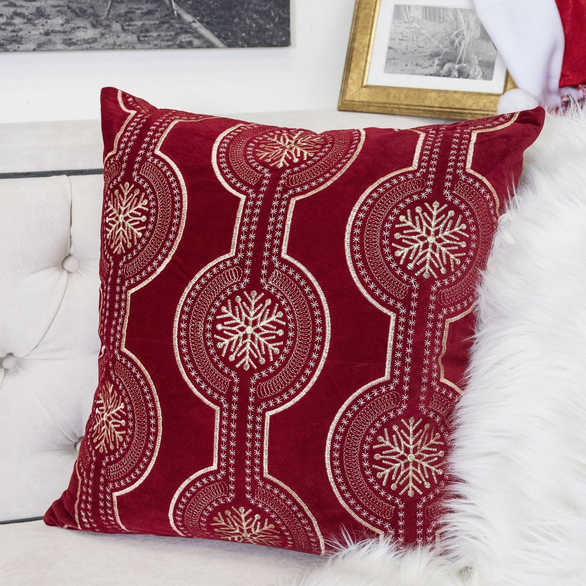 Red Holiday Embroidered Velvet Throw Pillow Set with Insert - Red