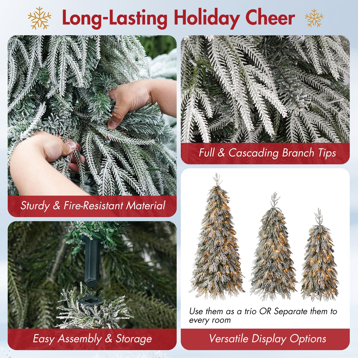 Snowy Cascading Christmas Trees 3-Piece Set with Flocked Hinged Branches - White
